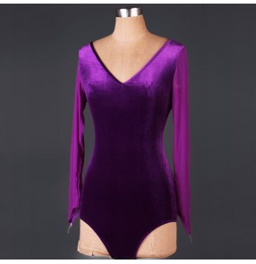 Purple royal blue black velvet women's ladies female long sleeves v neck competition performance leotards latin salsa samba dance tops bodysuits catsuits blouses